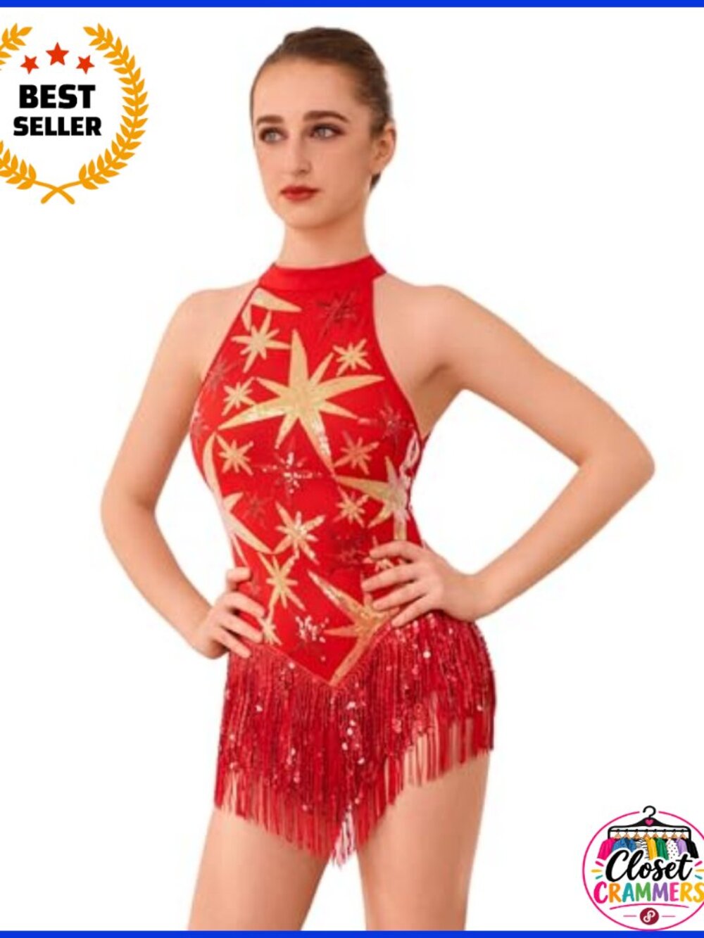 Sequin Fringe Halter Bodysuit Sparkly Tassel Latin Dance Costume Leotard